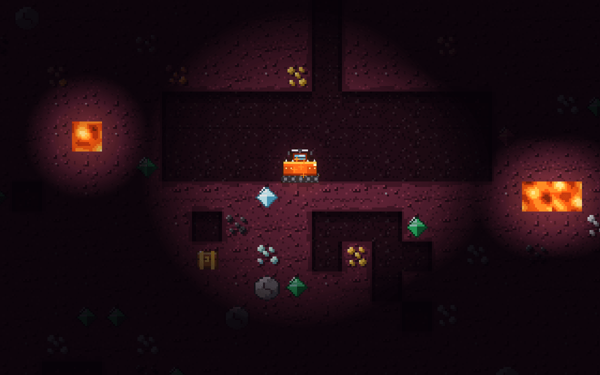 DeepCore gameplay: a yellow drilling pod deep underground next to glowing lava and gems